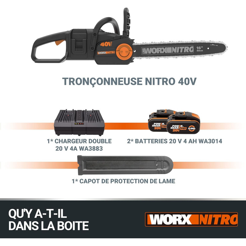 WG385E Tronçonneuse brushless sans fil 40V guide 40 cm Worx