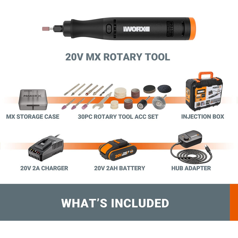 WX739 Outil rotatif MX Hub 20V 2Ah avec chargeur 30 accessoires Worx